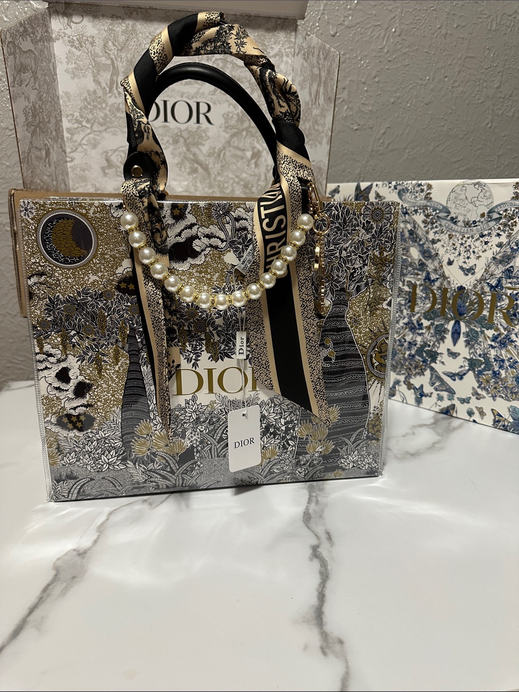 Dior Black And Gold Shopping Bag Tote With Jadore Bag Charm  Silk Twilly
